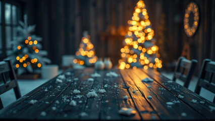 Winter themed wooden table with blurred lights, snowflake, shiny, celebration, x-mas, December