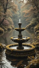 Naklejka premium Serene Garden Fountain Water Feature in Autumn Landscape Peaceful Tranquil Water Cascading Stone