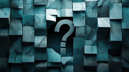 Abstract wall of teal paper cubes with a central question mark cutout, symbolizing inquiry and exploration.