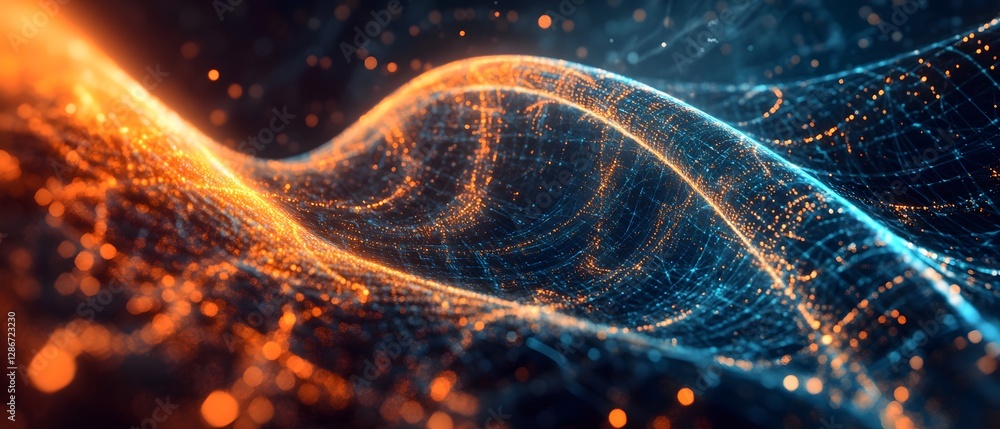 Poster dynamic abstract illustration of glowing waves in vibrant orange and blue. visual representation of 