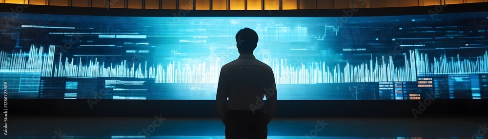 Aufkleber man analyzes data on a large futuristic screen.