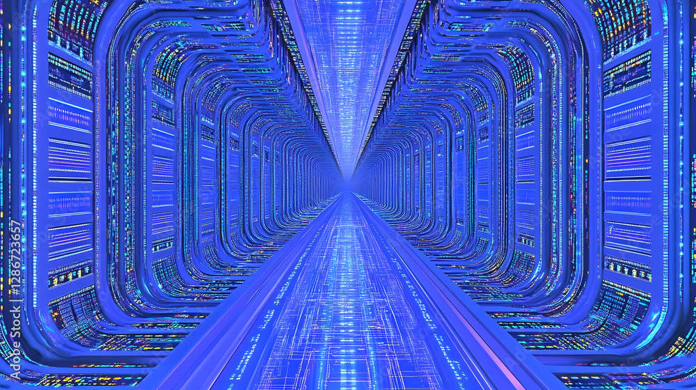 Poster futuristic tunnel with illuminated lines and digital patterns creating a high-tech atmosphere