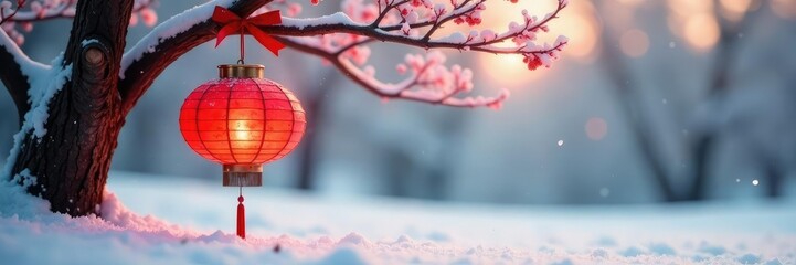 Obraz premium White snow-covered ground with a red ribbon tied on a bright red lantern hung from a tree branch, lantern, delicate, tree