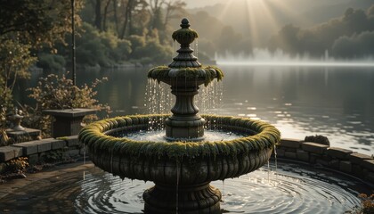 Serene Stone Fountain by Lake at SunrisePeaceful Garden Water Feature Landscape