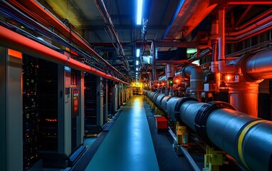 Vibrant pipes and cables in an industrial facility corridor.