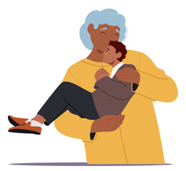 Elderly mother rocking adult son in arms caring and supporting kissing his forehead cartoon scene