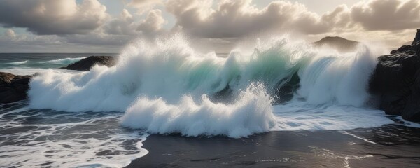 Fototapeta premium White foamy waves crashing against a dark shoreline, texture, ocean, foam