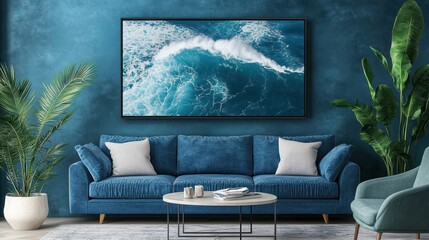 Aerial view showcasing a stylish blue couch paired with a modern table, set in a cozy living room environment.