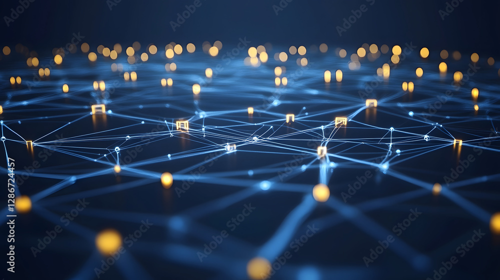 Poster futuristic geometric network of glowing lights with intricate patterns and designs in a digital envi