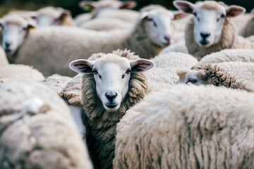 Curious sheep stands out in flock of woolly companions in pastoral setting