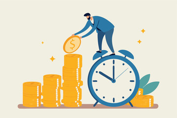 Long term investing or savings for retirement fund, compound interest or investment growth, tax time reminder concept, businessman on alarm clock put more dollar coin money to increase his savings.