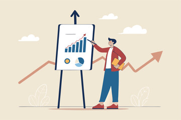 Present company growth, boost profit or increase revenue, success investment or growing sales, report or improvement statistics concept, businessman present graph with high improvement bar chart.