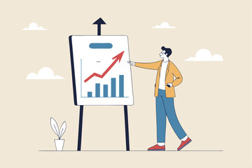 Present company growth, boost profit or increase revenue, success investment or growing sales, report or improvement statistics concept, businessman present graph with high improvement bar chart.