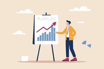 Present company growth, boost profit or increase revenue, success investment or growing sales, report or improvement statistics concept, businessman present graph with high improvement bar chart.