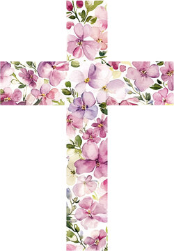 Watercolor Floral Cross with Purple Flowers isolated on a white background
