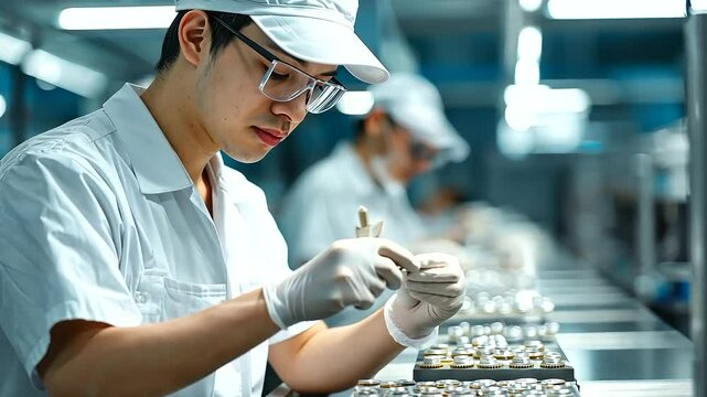 Factory worker inspecting products on assembly line