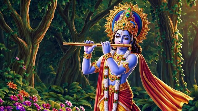 A divine figure plays a flute in a lush forest, with sunlight streaming through trees. The low-angle shot gives a serene, mystical video game vibe.