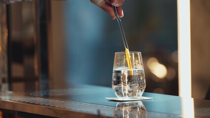 Obraz premium Closeup bartender hand placing fresh gin fizz drink adding sliced orange serving VIP customer at bar counter club greeting welcome guess refresh beverage for pub restaurant advertisement. Vinosity.