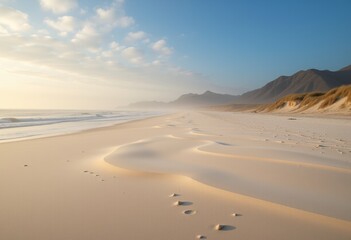  Deserted beach with footprints and smooth sand patterns under the soft glow of the setting sun