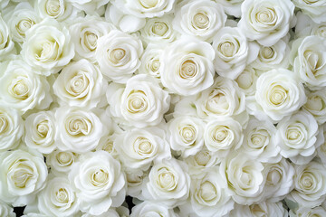 Natural fresh white roses flowers pattern wallpaper. top view, White rose flowers wall background