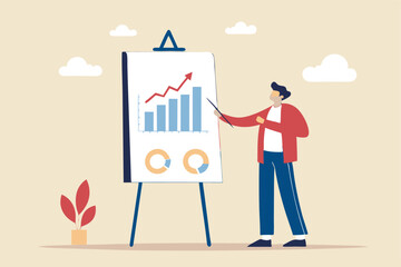 Present company growth, boost profit or increase revenue, success investment or growing sales, report or improvement statistics concept, businessman present graph with high improvement bar chart.