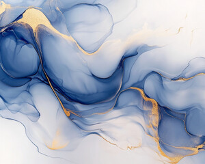 Abstract blue and gold marble texture with fluid waves and soft gradients, symbolizing elegance, calmness, and beauty in design.