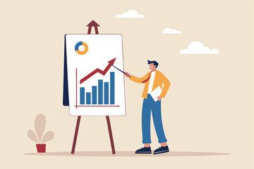 Present company growth, boost profit or increase revenue, success investment or growing sales, report or improvement statistics concept, businessman present graph with high improvement bar chart.