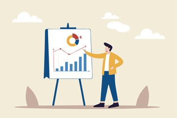 Present company growth, boost profit or increase revenue, success investment or growing sales, report or improvement statistics concept, businessman present graph with high improvement bar chart.