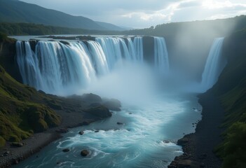 Naklejka premium Aerial view of a majestic waterfall with multiple cascades and a serene river below