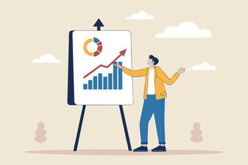 Present company growth, boost profit or increase revenue, success investment or growing sales, report or improvement statistics concept, businessman present graph with high improvement bar chart.