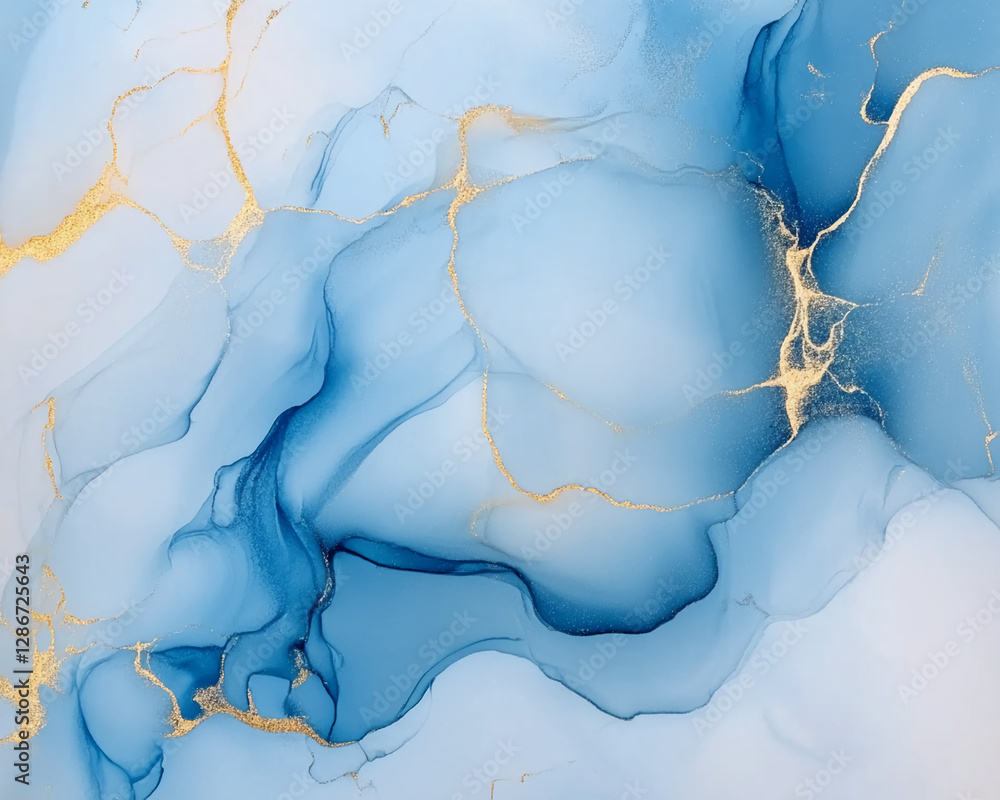 Poster abstract blue and gold marbled texture with smooth flowing lines and gold accents, showcasing elegan