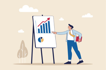 Present company growth, boost profit or increase revenue, success investment or growing sales, report or improvement statistics concept, businessman present graph with high improvement bar chart.