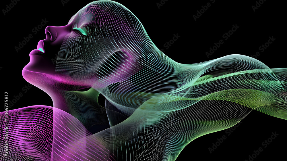 Poster close-up of a womans face featuring colorful wave patterns and tulip flowers in an artistic interpre