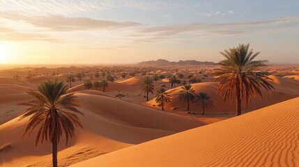A serene landscape featuring tall palm trees silhouetted against a vibrant sunset in a vast desert setting.