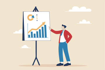 Present company growth, boost profit or increase revenue, success investment or growing sales, report or improvement statistics concept, businessman present graph with high improvement bar chart.