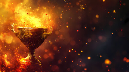 Fiery Achievement: An elegant golden trophy ablaze with radiant flames, symbolizing victory and triumph against a background of dynamic energy.