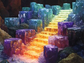 Vibrant gemstone staircase glows mysteriously illuminated by warm inner light. AI Generated