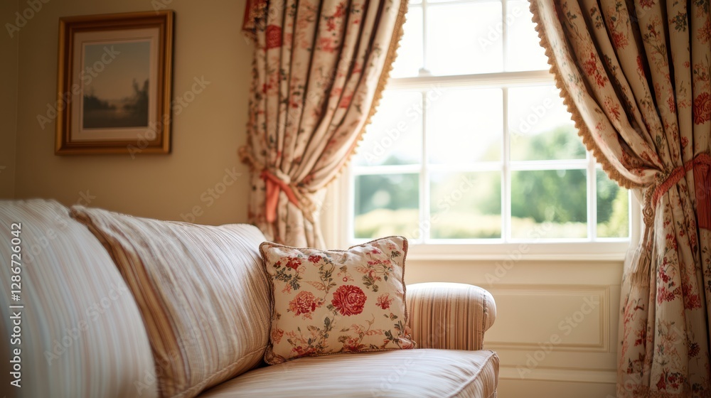 Poster A cozy couch adorned with a pillow is positioned in front of a window, creating a warm and inviting atmosphere in the room.