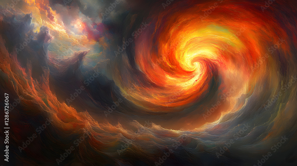 Poster futuristic painting of a spiral vortex with vibrant colors and abstract tulip shapes in a dynamic co