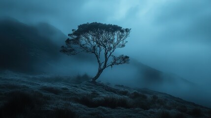 A lone tree stands resilient in a misty landscape, surrounded by dark mountains and an ethereal blue fog.
