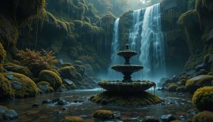 Serene Waterfall Scene Mossy Fountain near Cascading Water in Lush Green Forest