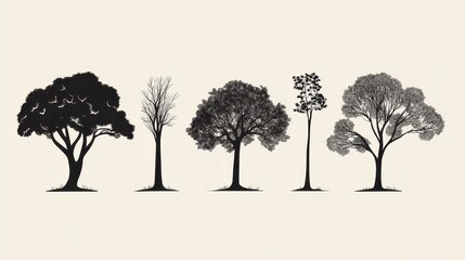 Fototapeta premium A captivating silhouette illustration of five trees in different stages of growth, showcasing nature's beauty and diversity.