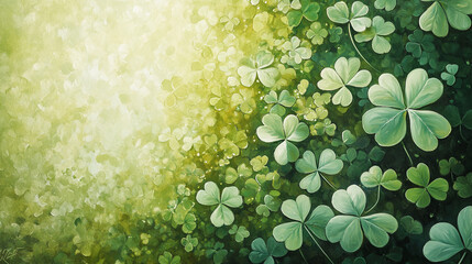 Fototapeta premium Green clovers with a soft yellow background, symbolizing luck, St. Patrick's Day, and nature's beauty with vibrant shades of green and an artistic, peaceful atmosphere.