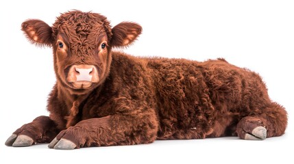 Fototapeta premium Adorable Brown Calf Lying on a White Background with Curly Fur and Soft Expression