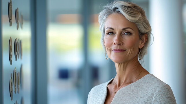 Proud businesswoman in an elegantly appointed office gazing at accolades