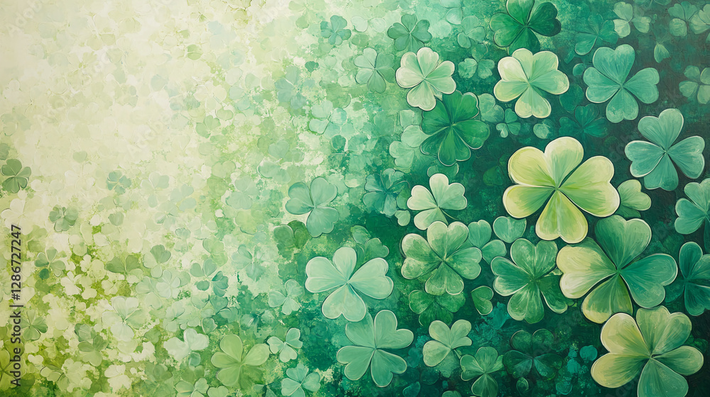 Poster a vibrant field of lush green clover leaves with light filtering through, creating a soft, natural g