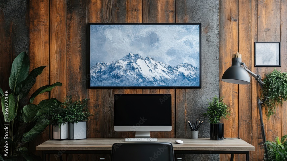 Aufkleber a computer rests on a desk, framed by a stunning mountain backdrop, creating a serene workspace that