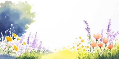 Obraz premium Watercolor field scenery, floral meadow, artistic creation, nature inspiration, colorful composition, brushstroke technique, landscape portrayal, blooming vegetation, picturesque setting.