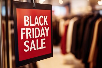 Clothes store and banner with text Black Friday Sale