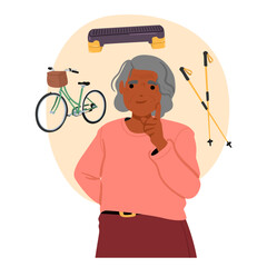 Aged elderly woman cartoon character in thoughts choosing sport activity for happy retirement